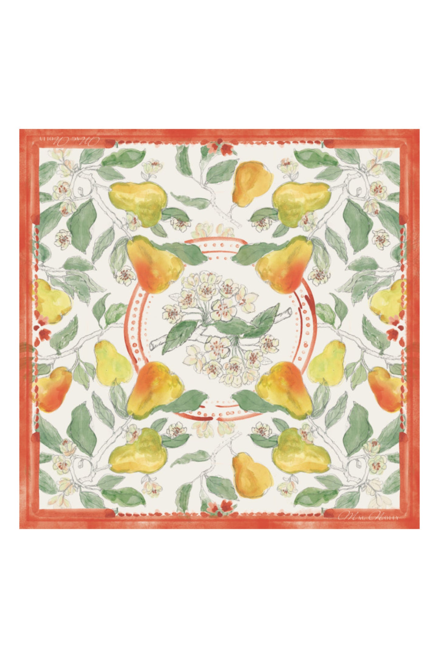 Apaszka z autorskim printem w gruszki i kwiaty – MAG NOLLY, widok z góry.