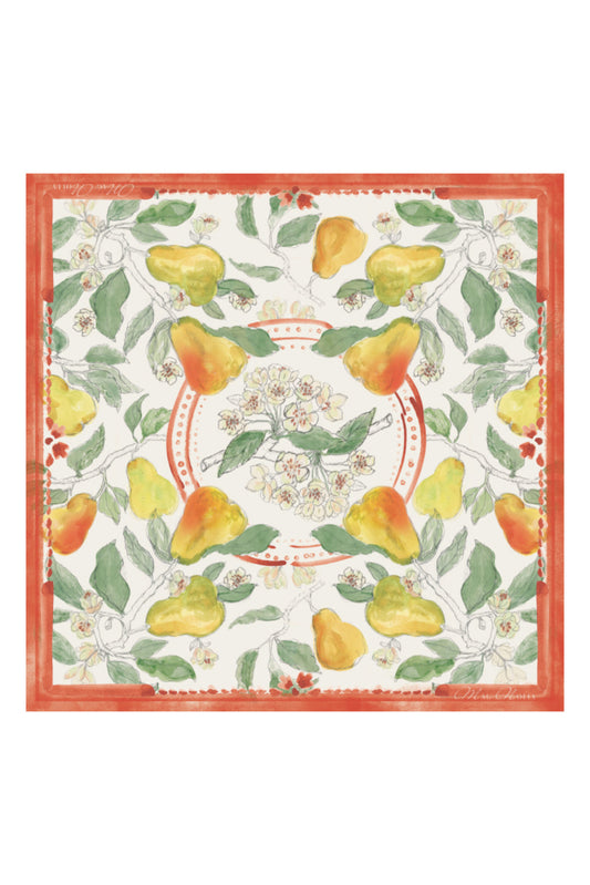 Apaszka z autorskim printem w gruszki i kwiaty – MAG NOLLY, widok z góry.