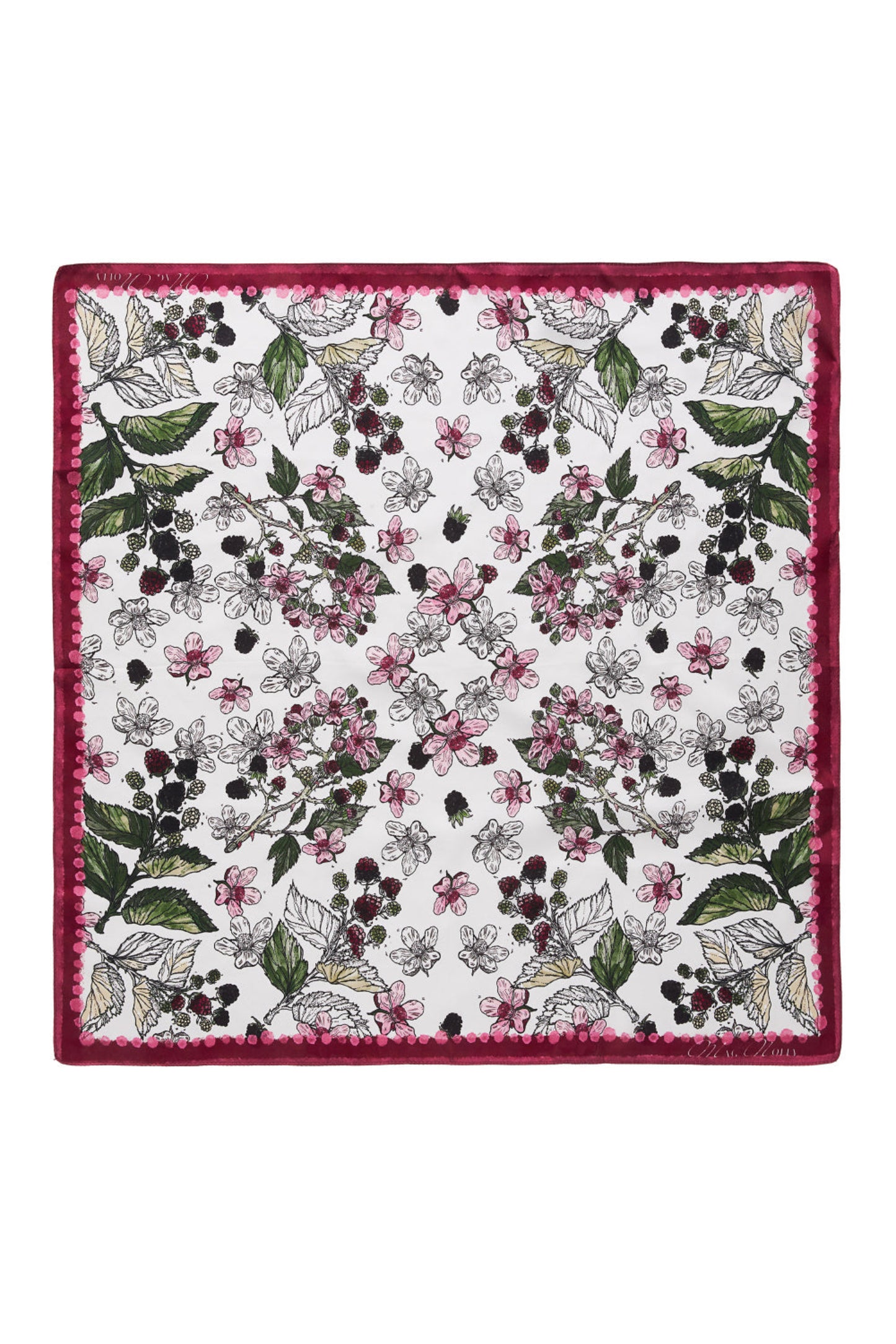 Apaszka MAG NOLLY z jedwabiu w autorski wzór jeżyn na białym tle, z bordową ramką.