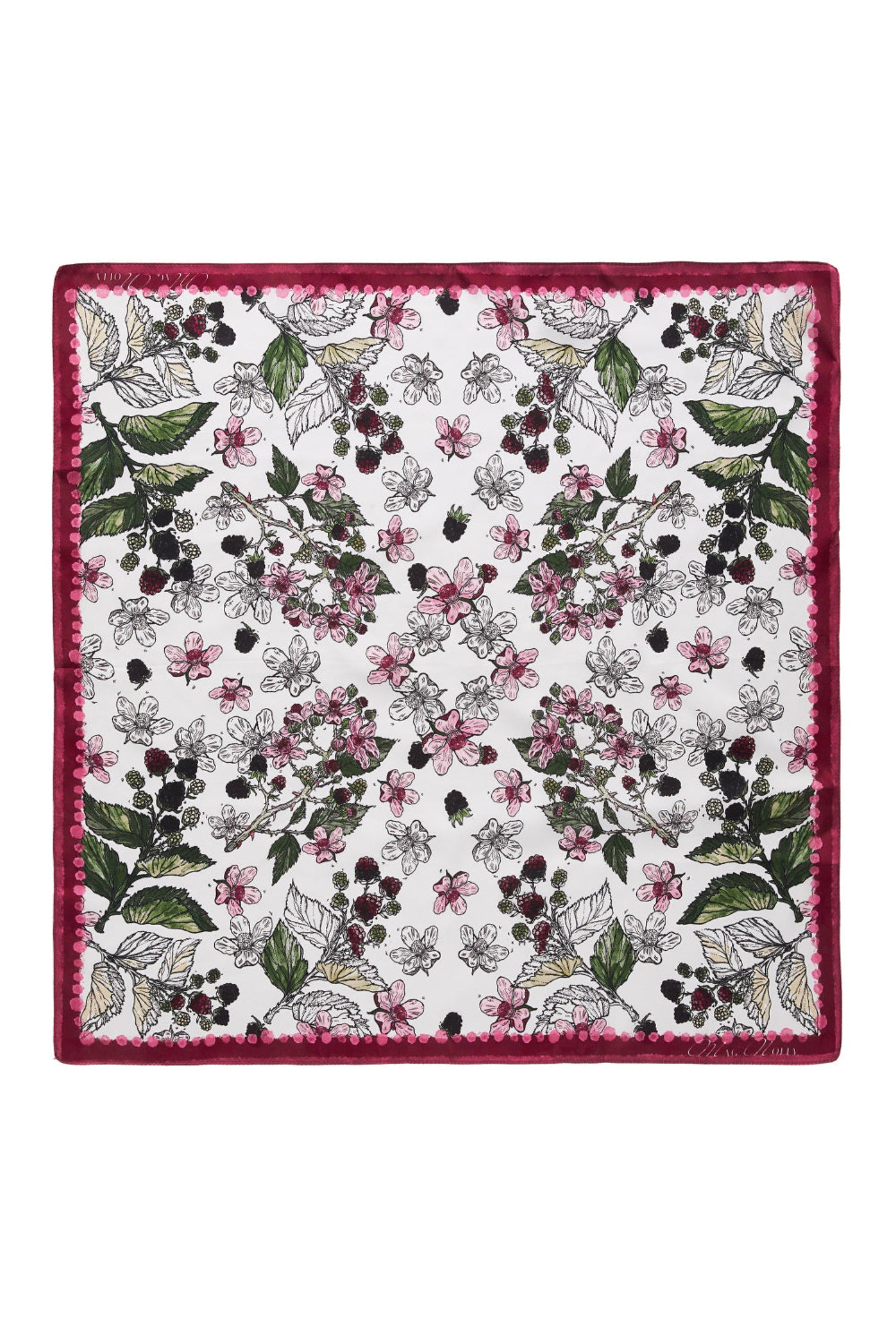 Apaszka MAG NOLLY z jedwabiu w autorski wzór jeżyn na białym tle, z bordową ramką.