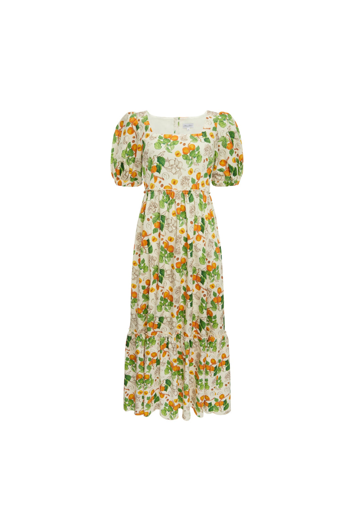 Sukienka maxi Berti z bufiastymi rękawami i printem moreli, przód, packshot na białym tle.