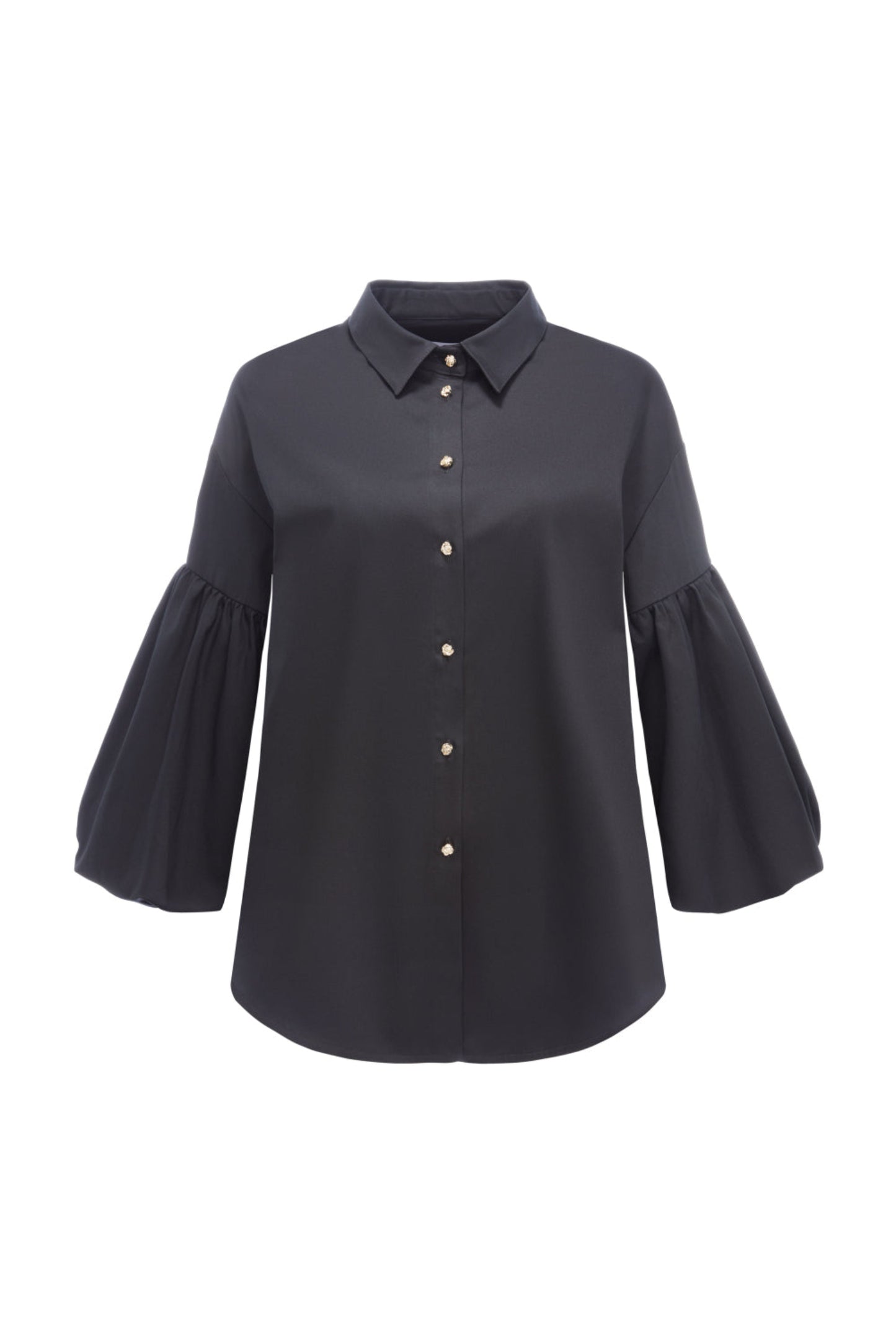 Czarna koszula Lisi MAG NOLLY z bufkami i ozdobnymi złotymi guziczkami, widok z przodu – packshot na białym tle.