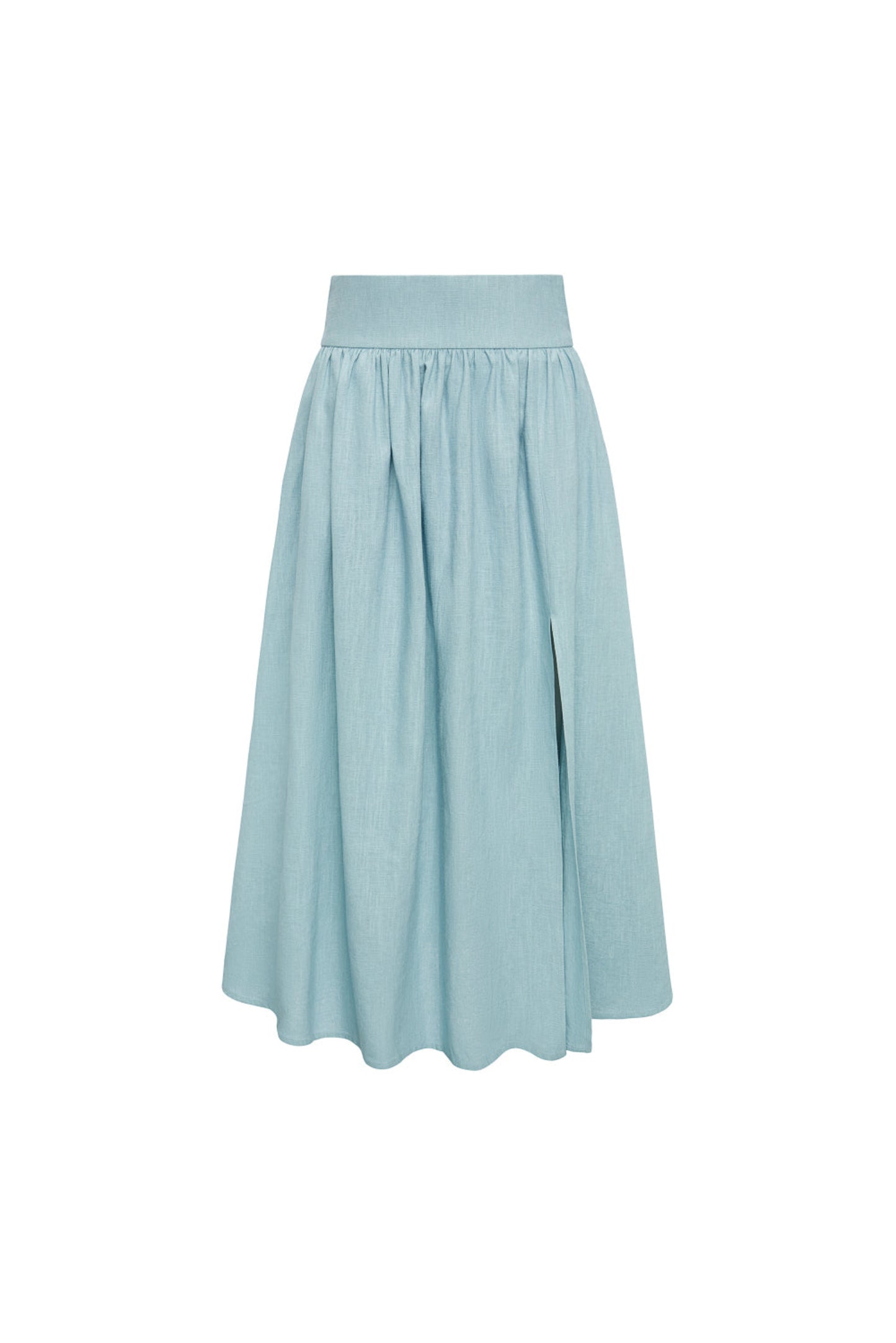 Turkusowa spódnica midi Sandrelli z rozcięciem, wysokim stanem i kieszeniami – widok packshot na białym tle.