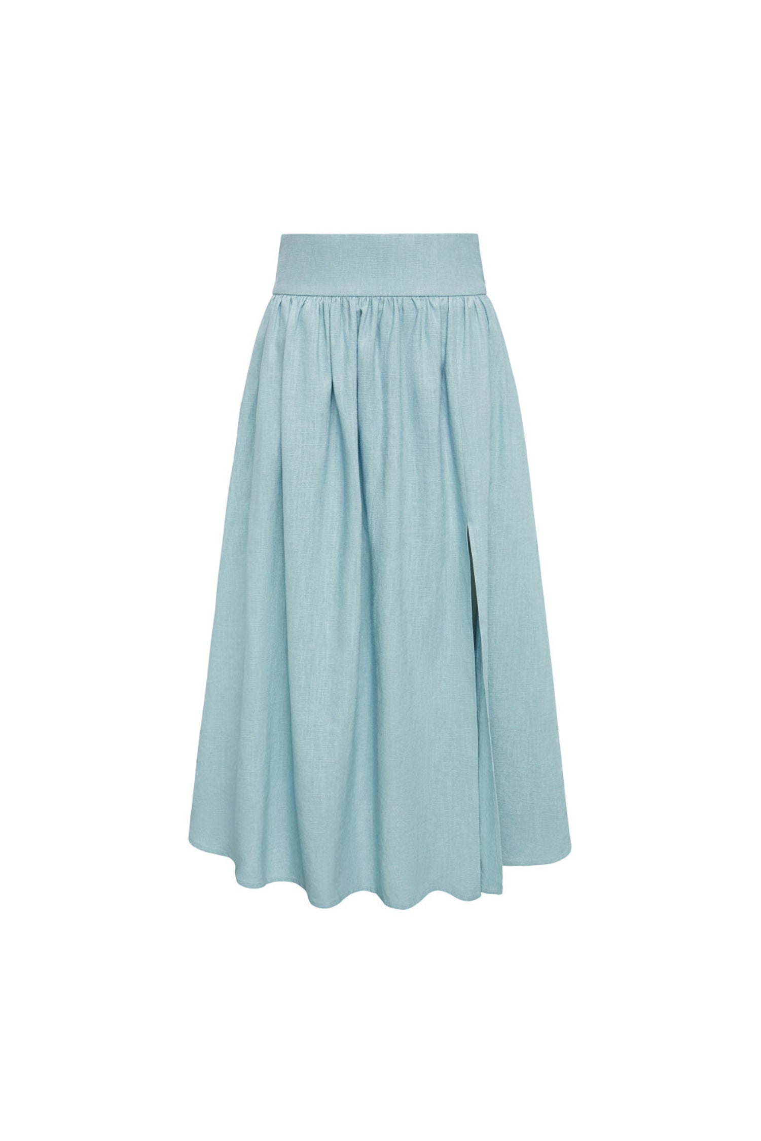 Turkusowa spódnica midi Sandrelli z rozcięciem, wysokim stanem i kieszeniami – widok packshot na białym tle.