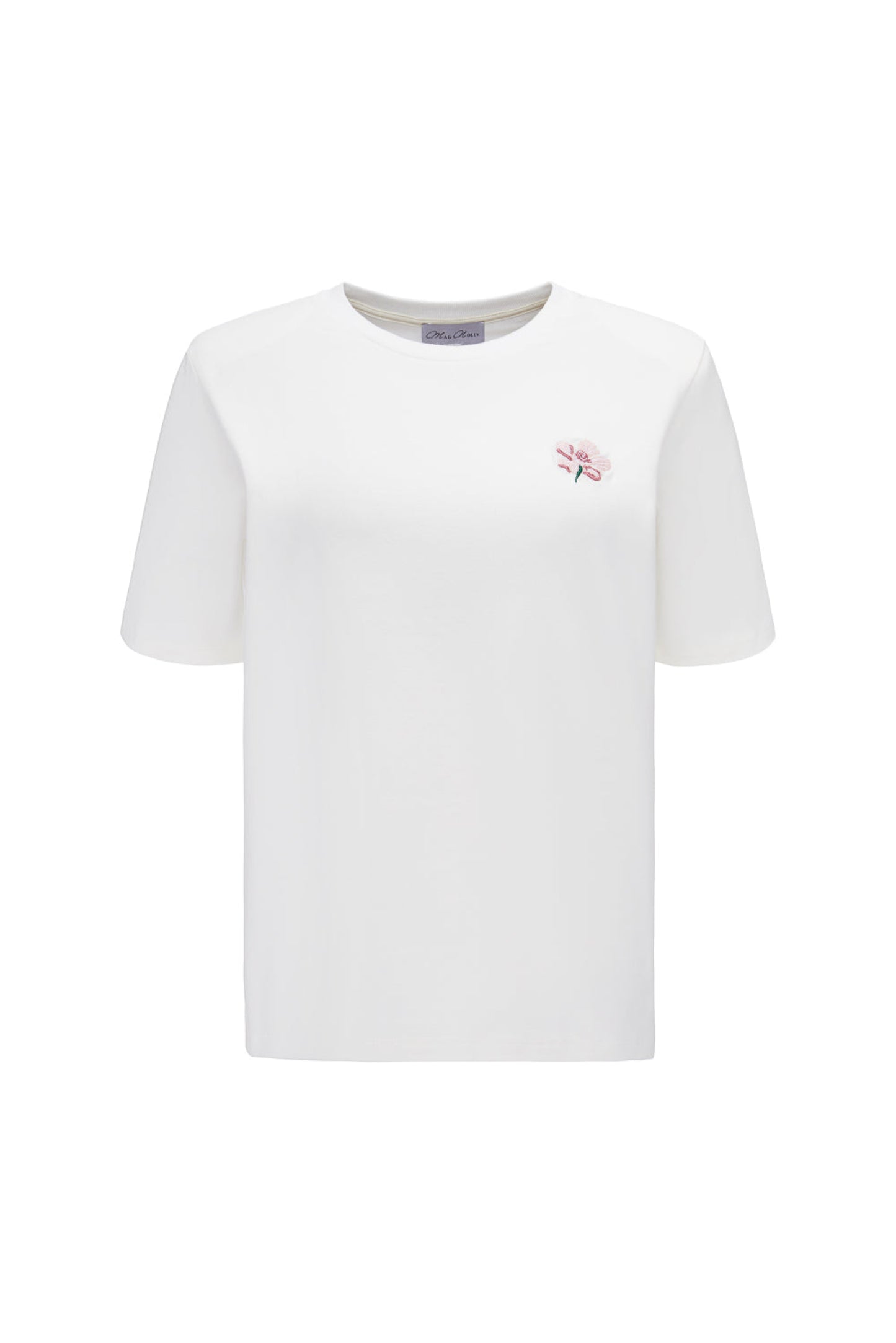 Packshot t-shirtu Neri z białej bawełny z haftem jeżyny i napami na ramionach – MAG NOLLY.