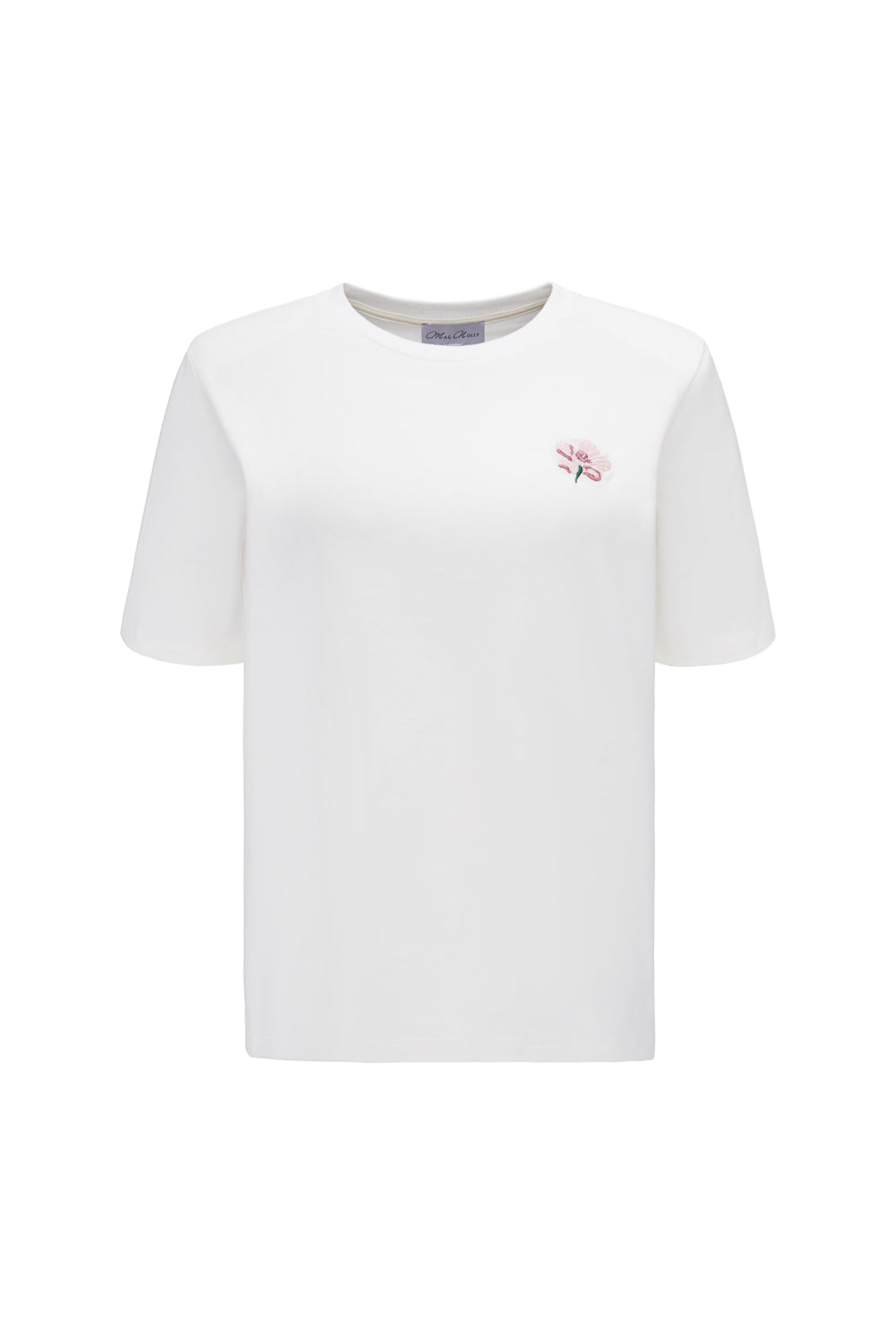 Packshot t-shirtu Neri z białej bawełny z haftem jeżyny i napami na ramionach – MAG NOLLY.