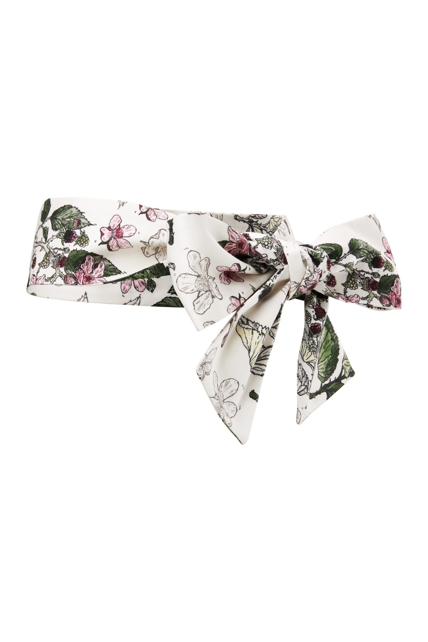 Packshot paska MAG NOLLY Orfei – materiałowy pasek z kokardą, w botaniczny print z motywem jeżyn na jasnym tle.